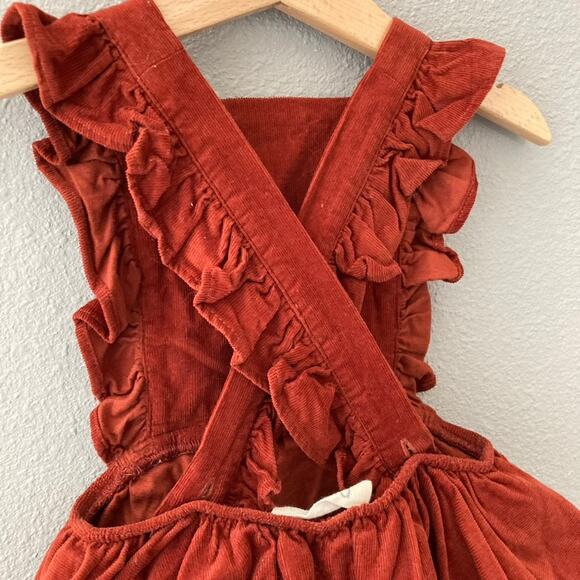 Numi Kids Fine Wale Corduroy Ruffle Pinafore Dress - Rust Brick Red - 2T - Picture 7 of 8
